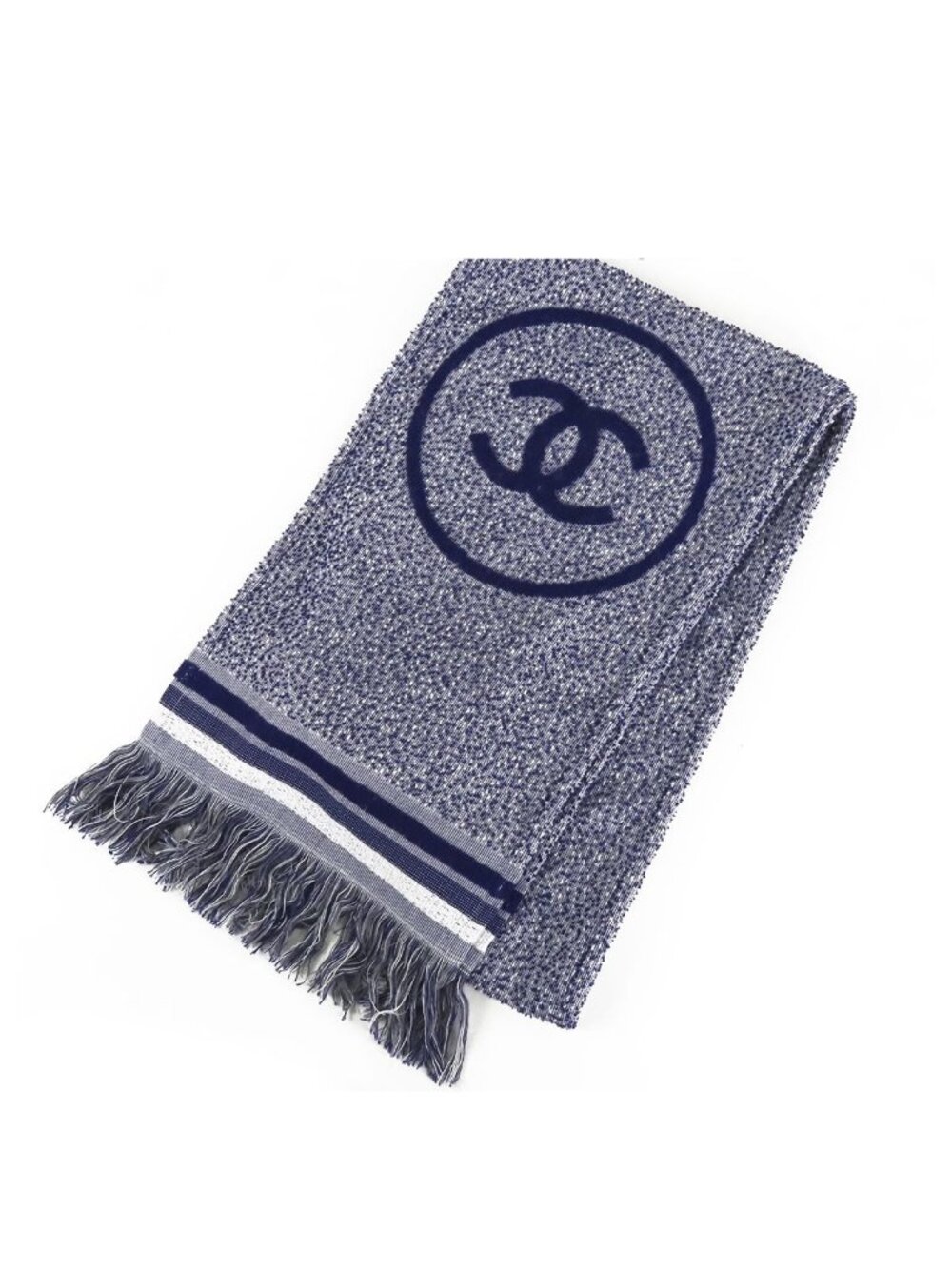 Chanel Pile Scarf Blue White Cotton